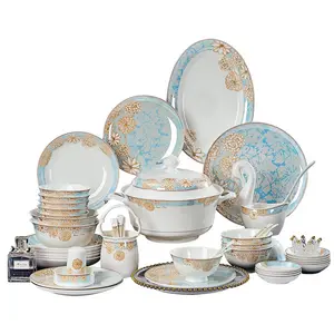 2024 Nieuwe Luxe Bone China Servies Combinatie Keramisch Serviesgoed Set Goud Patroon Keramische Kommen En Borden Serviesgoed