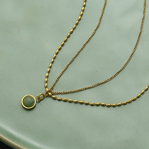 American Retro Gold Rice Bead Double-layer Necklace Natural Stone Agate Pendant Clavicle Chain <b>Titanium</b> Steel Plating 18K Gold - Product Image 5