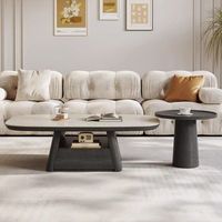 Ensemble de table basse élégante et moderne pour salon, avec plateau en pierre frittée légère et base en bois, pour la maison ou le bureau