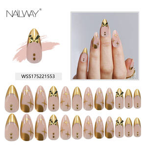 24 Stuks Goud Franse Tip Pers Op Nagels Amandel Nep Nagels Ster Volledige Cover Franse Goud Kunstnagels Decoratie Voor Vrouwen - Product Image 5