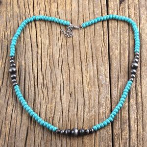 สร้อยคอผู้หญิงสไตล์วินเทจ ลายวาดสีเทา โลหะผสมประดับเทอร์ควอยซ์ จี้รูปไม้กางเขนประดับเพชรเทียม สร้อยคอมุกนาวาโฮ เครื่องประดับสไตล์ตะวันตก - Product Image 6