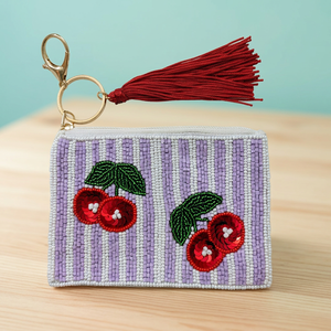 Jaunty Cherry Bead Embroidery Customized Pouch Striped Zipper Coin Wallet <b>Tassel</b> <b>Key</b> Chain Daily Use Fashion Accessory Family - Product Image 3