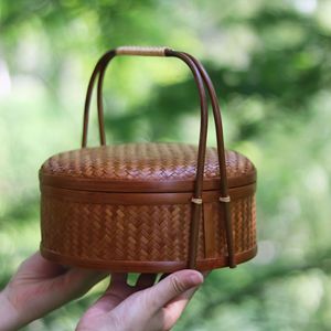 <b>Bamboo</b> Woven Storage Basket Round With Lid Kitchen Food <b>Container</b> 22cm Neatening Storage - Product Image 1