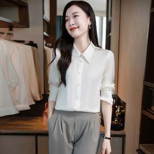 Élégant nouveau printemps haut en soie pour les femmes à manches longues décolleté Design polyvalent plissé pur Pigment teint Style décontracté bouton avant - Product Image 4