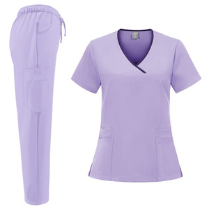 Women Scrub Set Blue V-Neck Short Sleeve With Pink Trim Moisture Wicking Hospital Uniforms - Product Image 4