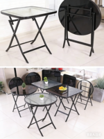 Table à manger pliante en métal avec plateau en verre trempé, design simple pour balcon et usage domestique en extérieur