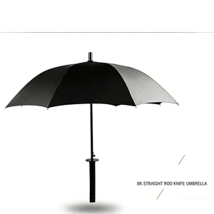 Parapluie droit automatique noir 23 pouces, 8 baleines, en tissu pongé, imperméable et coupe-vent, avec poignée en forme d'épée de samouraï, impression personnalisée - Product Image 1