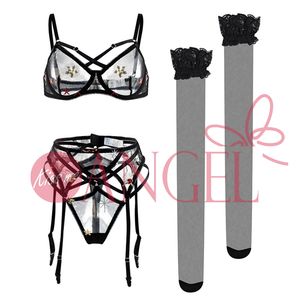 KISS ME ANGEL negro ultrafino hueco sin espalda bordado malla transparente linda chica sexy sujetador panty conjunto imágenes - Product Image 5