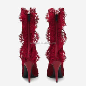 Chaussures en dentelle rouge délicates pour filles, bout pointu, talon aiguille de 105 mm, semelle en cuir haute, fermeture éclair à l'arrière, bottes en dentelle rouge - Product Image 3