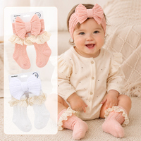 Ensemble de chaussettes et bandeaux en tricot torsadé personnalisés avec logo pour bébé, avec dentelle, volants et grand nœud, coffret cadeau pour bébé, vente en gros