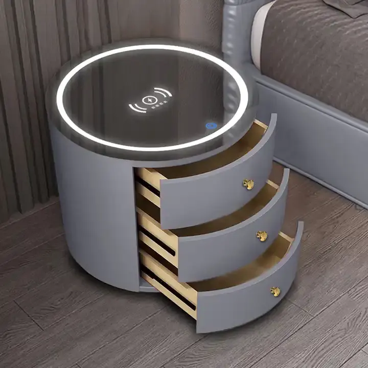 Mesa de cabeceira luxuosa inteligente com carregador sem fio para celular, mesa de cabeceira redonda de madeira com luz LED