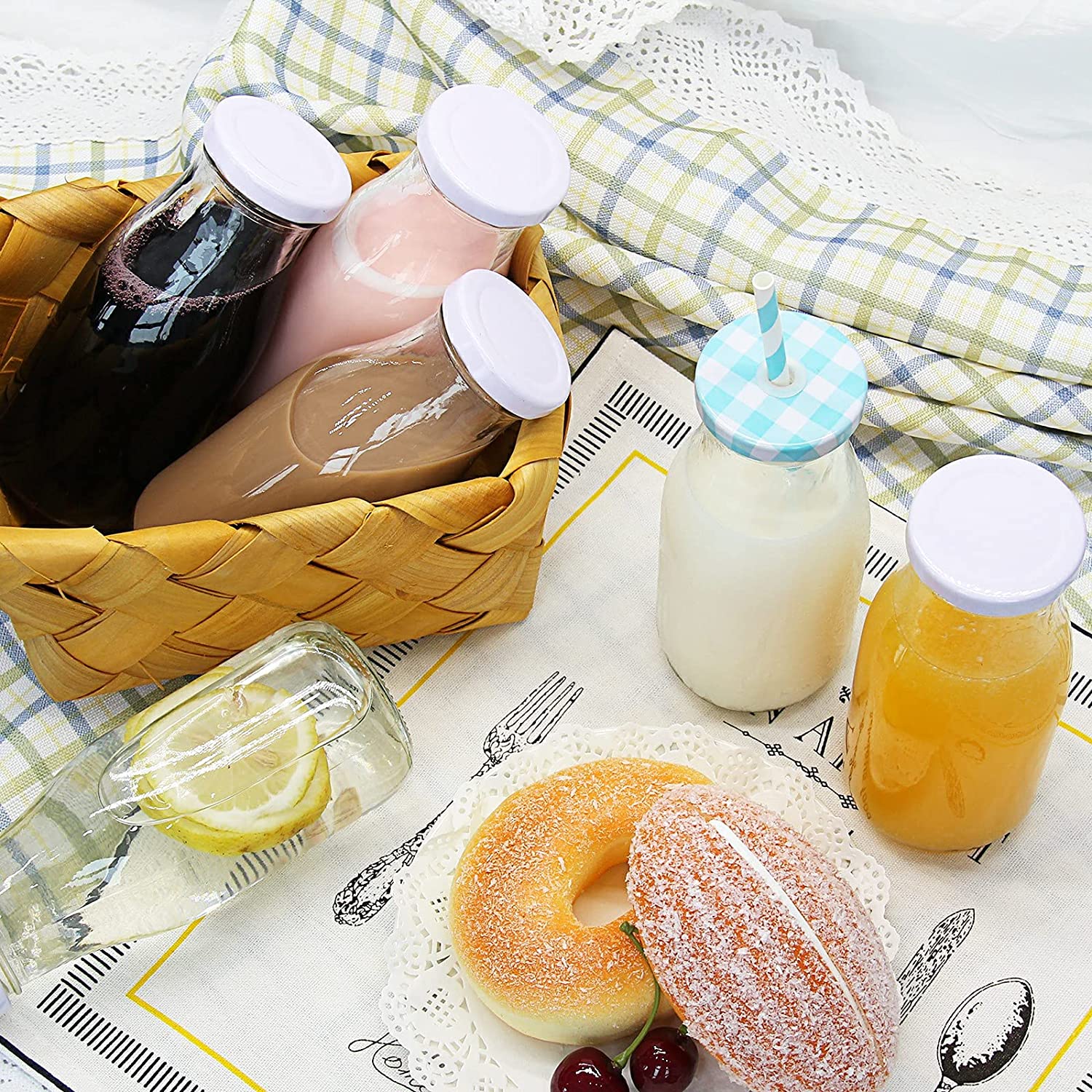 11oz Glass Milk Bottles with Reusable Metal Twist Lids and Straws for Beverage Glassware and Drinkware
