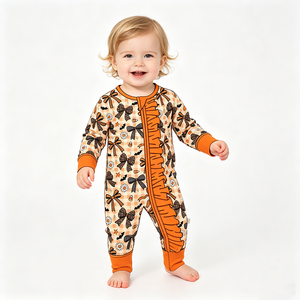 Combinaison à fermeture éclair pour bébés filles, motif citrouille personnalisé, en fausse fourrure, vêtements assortis pour sœurs, collection Halloween, vente en gros, boutique de vêtements mignons - Product Image 4