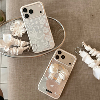Coque de téléphone en TPU+PC avec miroir en dentelle pour 17promax 15promax, support magnétique, sangle de téléphone, design papillon et fleurs