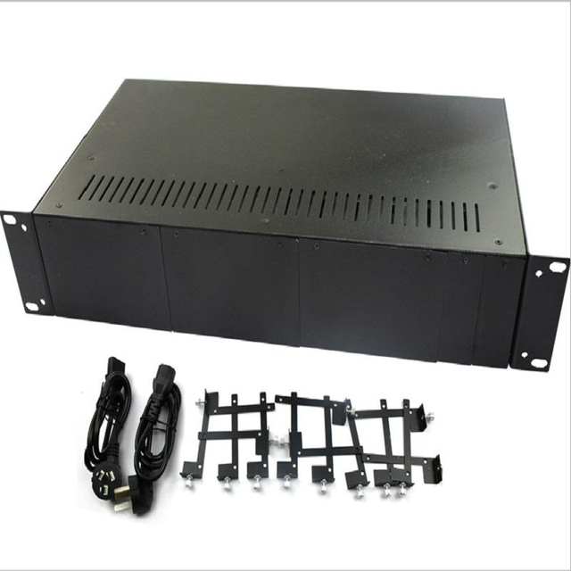 2U 14Slots 19 Inch Rack Mount Chassis for Media Converter Dual Power Supply AC 220V/ DC 48V- Black Color