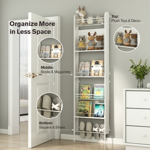 Slim Metal Shelving <strong>Unit</strong> with Pegboard Hooks Adjustable Feet and Suction Cups for Bathroom Bedroom Door Gap <strong>Storage</strong> - Product Image 3
