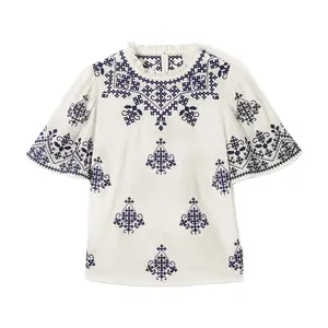 OEM women summer flutter sleeve neck ruffle blouse geometric embroidered cotton top STB9068A