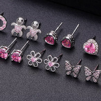 8 paires de boucles d'oreilles hypoallergéniques en acier inoxydable, motif cœur et petit papillon en zircon cubique, pour enfants, idéales pour les fêtes d'été, les mariages, ou comme cadeau.