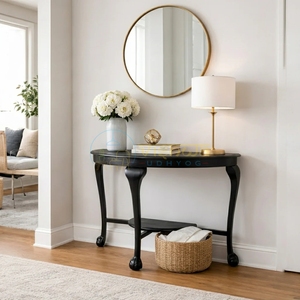 Regency Half Moon <b>Console</b> <b>Table</b> Antique <b>Black</b> Demilune <b>Table</b> with Ball and Claw Feet Lower Shelf Classic Home Furniture <b>table</b> - Product Image 1