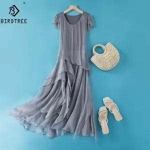 Birdtree 100% echte Seiden kleider Frauen Crinkle Silk O Necks Kurzarm Elastic Waist Beach Berufung Midi Kleid Sommer D36427JM