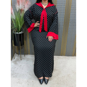 Robe longue modeste pour femme grande taille à pois, manches longues, col noué, longueur ras du sol, avec fente, style Moyen-Orient, pour usage quotidien - Product Image 3