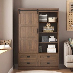 Armoire de rangement en MDF couleur personnalisée avec tringle de suspension, porte à charnières, <span class=keywords><strong>4</strong></span> tiroirs et 3 étagères pour salon – Fournisseur <span class=keywords><strong>d</strong></span>'usine - Product Image 1