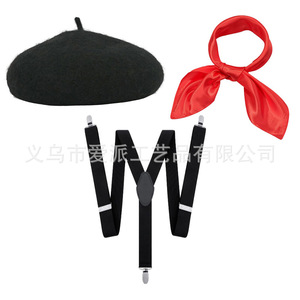 Ensemble de costume d'artiste français pour femme, comprenant un béret, une écharpe rouge, des bas rayés, des bretelles et des gants blancs, pour fête d'Halloween et jeu de rôle - Product Image 4