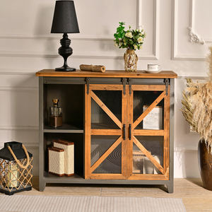 Buffet de style industriel vintage INNOVA, panneau en métal et bois, porte coulissante de grange, étagère de rangement, armoire, cuisine, salle à manger, hôtel - Product Image 1