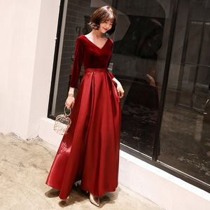 Wine Red V Neck Long Evening Gown A Line Natural Waist Burgundy Satin Formal Dress For Wedding Reception Banquet - Product Image 2