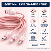 Câble de charge multi-connecteurs 3-en-1 USB-A vers USB-C 8 broches Micro, tressé en nylon, en stock, vente en gros