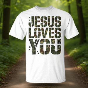 Camiseta con diseño de versículo bíblico cristiano, camuflaje, Jesús te ama, unisex, talla para adultos - Product Image 3