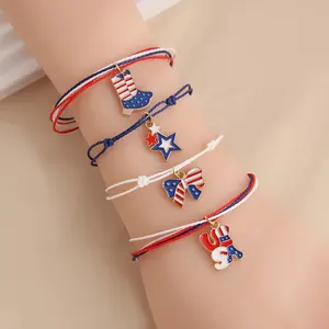 American Flag Bracelet Zinc Alloy Enamel USA Flag Boots Hats Flag Charms Bracelet Braided Rope Bracelet