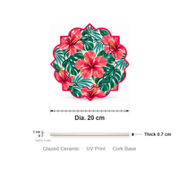 Sous-plat en céramique 20 cm, motif feuille de Monstera Hibiscus rose festonné, impression UV émaillée, base en liège, style Zen Asiatique, réutilisable pour table de cuisine