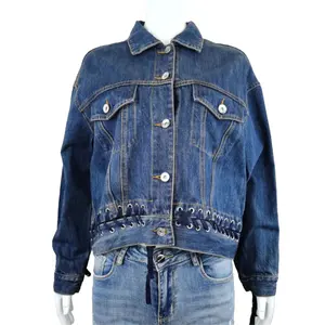 Высококачественная Женская однотонная джинсовая куртка со шнуровкой, дышащая Повседневная джинсовая куртка, женская джинсовая куртка большого размера