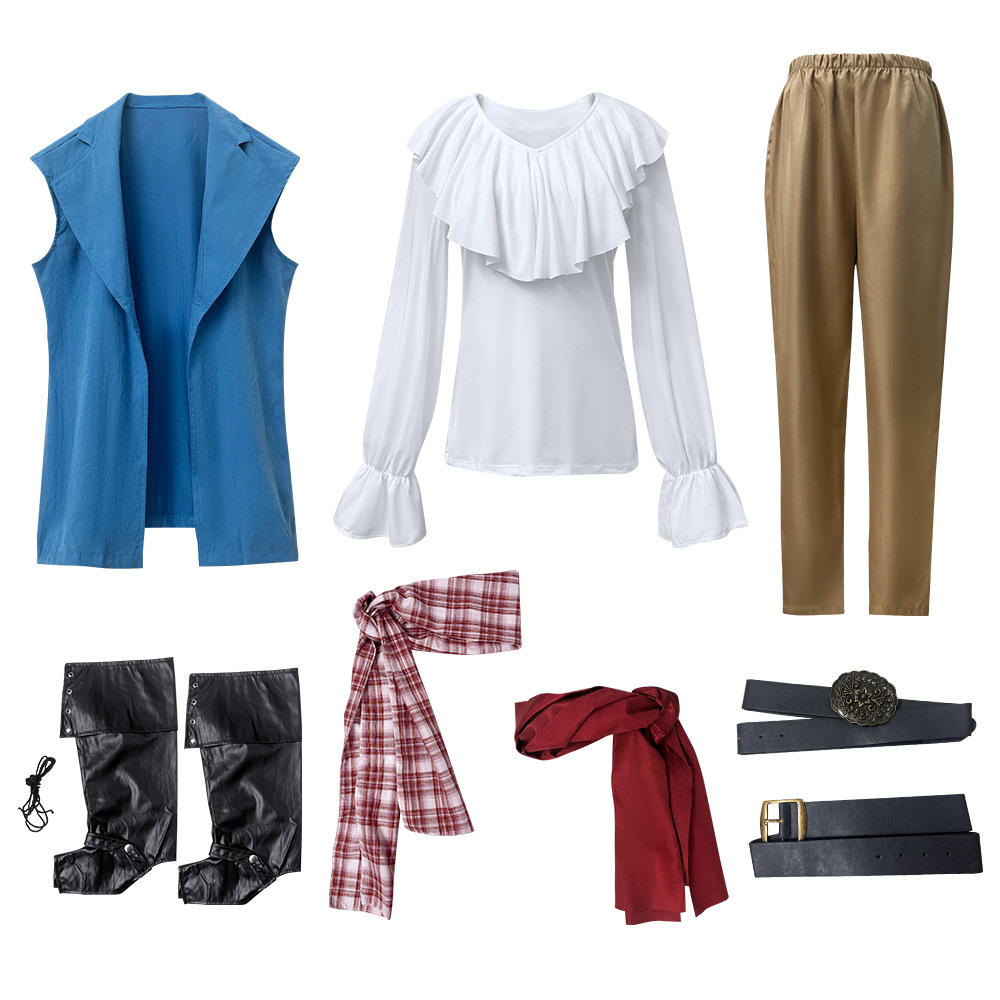 Bleu pour femmes [foulard + haut + pantalon + gilet + couvre-pieds + ceintures 3]