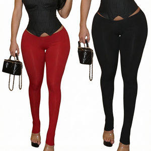Pantalon décontracté taille basse coupe crayon extensible pour femme, couleur unie, polyester et élasthanne, avec cordon de serrage – Collection automne ODM - Product Image 1