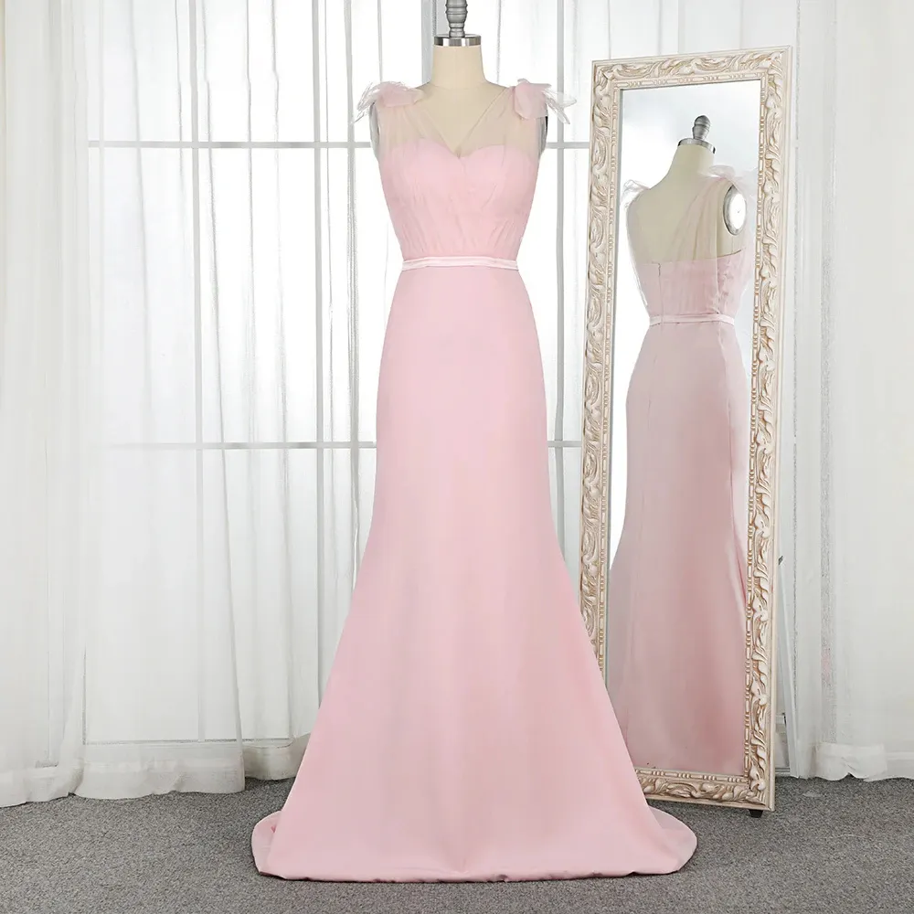 Gaun pesta pernikahan wanita, grosir lipit Satin panjang elegan pesta pernikahan Prom malam merah muda mewah gaun Prom pengiring pengantin