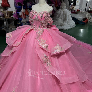 Vestido de Quinceañera Rosa de Lujo Moderno Xs238 con Cuello Barco, Espalda con Cordones, Lazo y Aplicaciones de Cristal, Largo hasta el Suelo, Estilo Princesa para Mujer - Product Image 3