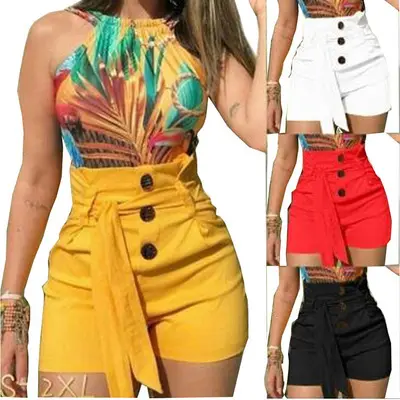 Short de bar pour femmes, vêtement personnalisé, rouge, jaune, taille haute, à boutons, ceinture en v