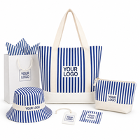 Sac fourre-tout à rayures nautiques, ensemble cadeau en toile de coton avec logo personnalisé, chapeau bob, pochette à cosmétiques, sac de shopping promotionnel en gros