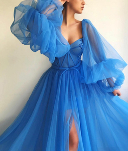 blue puffy prom dress