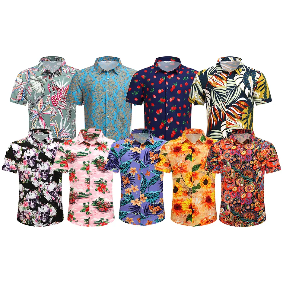 Summer custom fashion design 95% polyester 5% spandex printed soft lightweight vintage button up beach hawaiian shirt for men