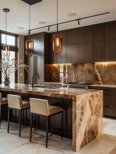 Gabinetes de <span class=keywords><strong>Cocina</strong></span> Modernos de Madera Oscura Estilo Vermont, Gabinetes de <span class=keywords><strong>Cocina</strong></span> Integrados de Mármol Artificial para <span class=keywords><strong>Cocina</strong></span> de Concepto Abierto - Product Image 1