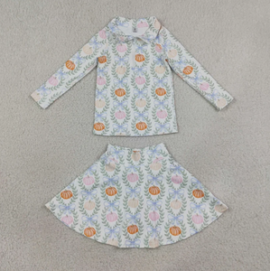 Ensemble 2 pièces pour fillette automne, imprimé citrouille aquarelle et nœud, haut à demi-zip et jupe évasée, tenue de Thanksgiving pour enfants, écologique - Product Image 5