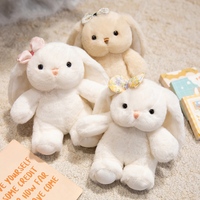 Peluche Lapin aux Oreilles Tombantes Moelleuse, Adorable Lapin Assis Blanc Beige avec Nœud en Velours Fleuri, Idéal pour Cadeau d'Anniversaire ou Décoration pour Enfants