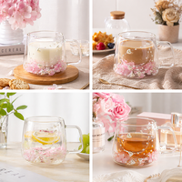 Mug à café en verre borosilicate à double paroi, esthétique, avec fleurs séchées, sans BPA, isolé, sûr pour les aliments, design tendance avec perles, cadeau