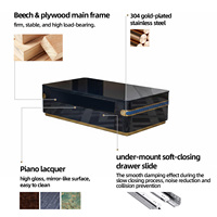 Meja Kopi Mewah Italia Modern Warna Biru Piano Lacquer Berlapis Cermin Rangka Kayu Penyimpanan 4 Laci Inlay Logam Perabot Ruang Tamu