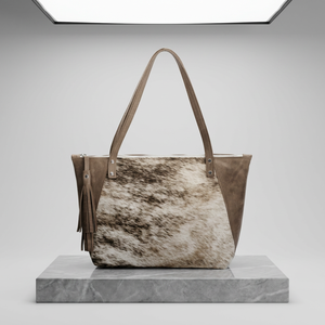 Sac fourre-tout en cuir véritable pour femme, imprimé animal, style bohème, fermeture à glissière, décorations à pompons, deux poignées, sac de shopping toutes saisons - Product Image 2