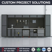 Station de travail ultime pour atelier avec 2 armoires hautes, enrouleur de tuyau électrique intégré, coffre à outils à 7 tiroirs, combinaison de rangement pour garage