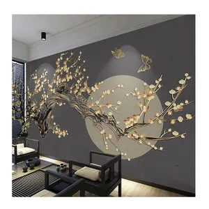 KOMNNI Custom 3D Wall Mural Plum Blossom Moon 3D Golden Relief Lines Wallpaper Sala de estar TV Sofá Mural